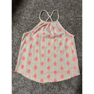 Lucky Brand Tank Top Women XL Beige Pink Embroidered Halter Neck